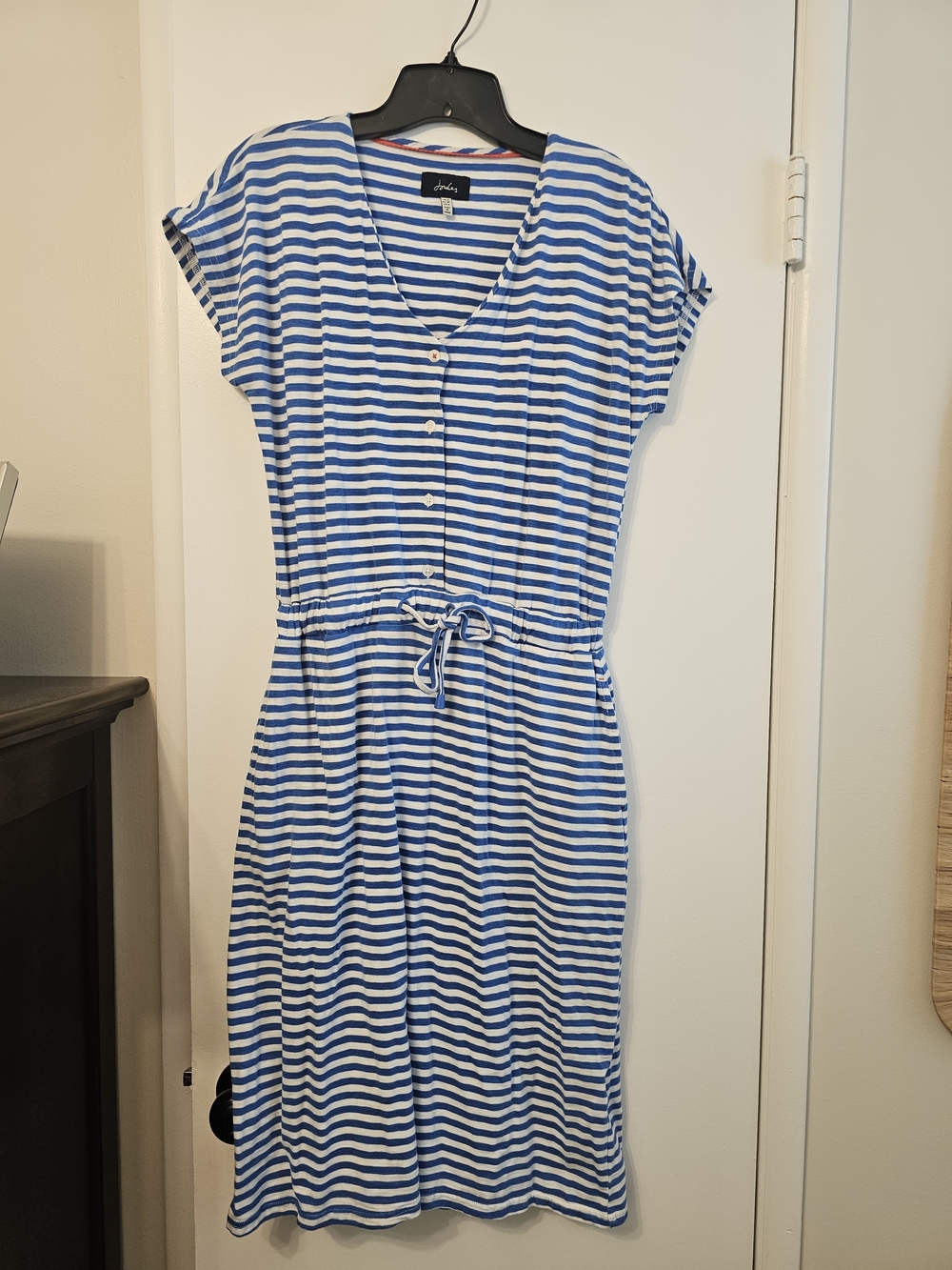 Joules Blue and White Striped V-Neck Drawstring Dress